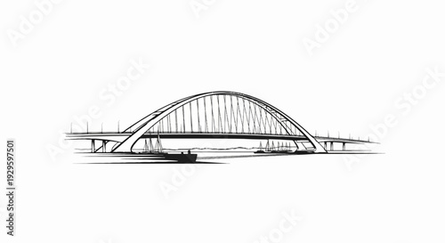 A stylized black ink sketch depicts a majestic arch bridge with multiple sailboats on the water below