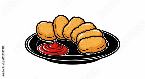 Golden, crispy bites on a black plate with a dollop of bright red sauce