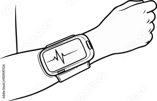 A black and white illustration of a person's forearm with a smartwatch displaying a heart rhythm