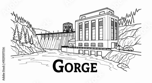 Hydroelectric dam on a river with trees, rocky cliffs, and a car on the road