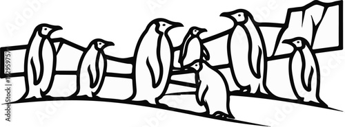 A group of penguins stands in a line on ice and snow