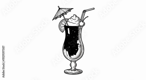 A tall, stemmed glass holds a dark beverage, topped with whipped cream and a cherry