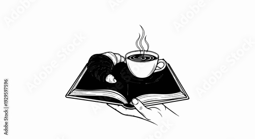 A hand holds an open book with a croissant and coffee cup on its pages