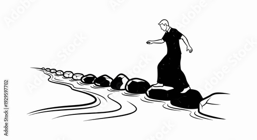 A person in dark clothing crosses a flowing stream by stepping on rocks