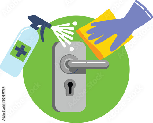 Close up illustration of gloved hand cleaning and disinfecting a metal door handle with spray sanitizer to prevent virus spread isolated on green background