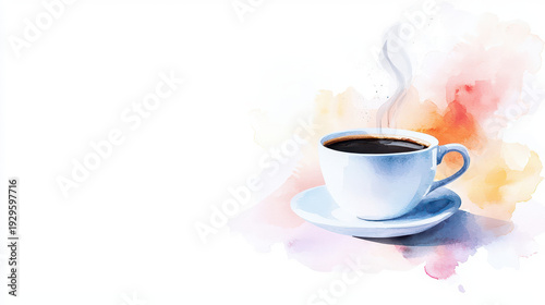 Beautiful watercolor illustration of steaming cup of coffee on saucer, evoking warmth and comfort