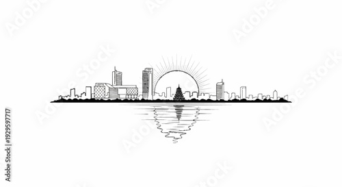 Stylized ink drawing of a city skyline with a large sunburst behind and reflection