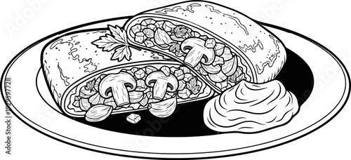 Delicious dish with savory filling, mushrooms, herbs, and a creamy side