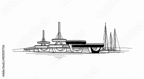 Modernist waterfront complex with layered decks and sailing vessels docked alongside