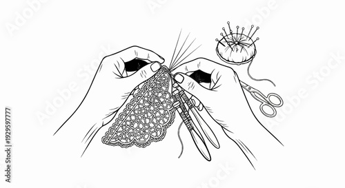 Hands crafting intricate lace with bobbins, needles, pincushion, and scissors