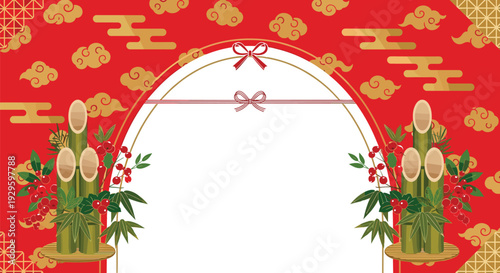Japanese New Year greeting background with kadomatsu bamboo decoration festive red ornamental frame design