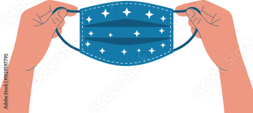 Close up illustration of human hands holding a blue fabric face mask with white star patterns by the ear loops for hygiene and safety