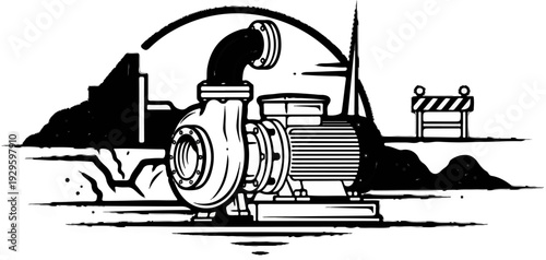 Industrial pump in a construction zone with a traffic barrier