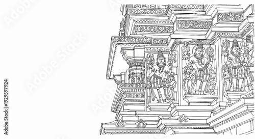 Ornate stone carvings of deities and intricate architectural details on a temple