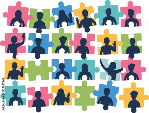 Colorful flat vector illustration of diverse people silhouettes inside jigsaw puzzle pieces representing social connection teamwork community and remote global networking isolated on white