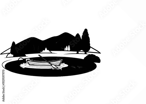 A solitary rowboat rests on calm water with mountains and trees in the background