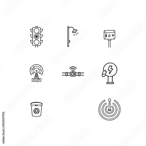 Smart city infrastructure and urban IoT linear icon set, intelligent traffic control, sensor networks and automated utility vector symbols