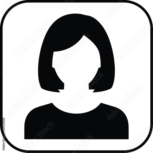 Female silhouette profile icon with bob hairstyle inside rounded square border, minimalistic black and white design for user representation