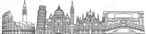 A black and white sketch depicts iconic Italian landmarks in a panoramic skyline