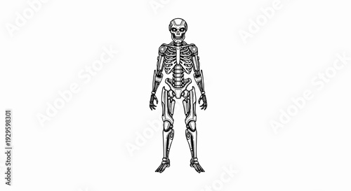 Detailed line art of a robotic skeleton with glowing eyes, posed centrally