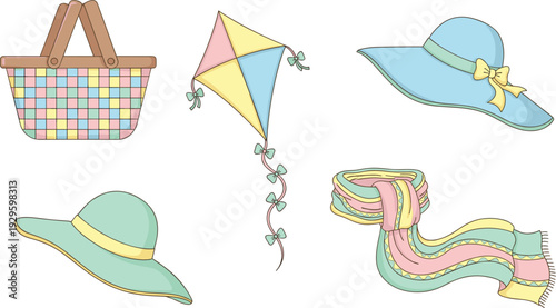 Pastel picnic and summer accessories set with basket kite sun hats and striped scarf hand drawn vector illustration collection