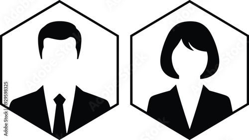 Professional male and female silhouette icons in hexagonal frames, black and white design symbolizing workplace roles, gender representation, and business identity