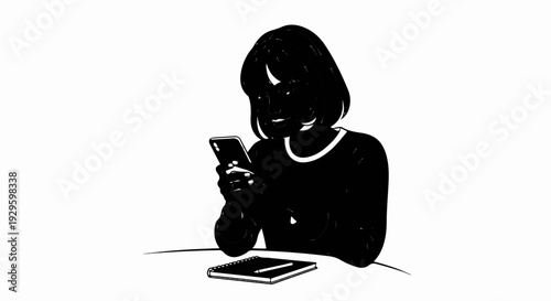 A dark silhouette of a woman with short hair looks at a smartphone