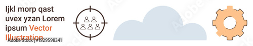 Business strategy, data storage, teamwork, leadership, innovation, goal achievement. Cloud, gear and target icons with people. Business strategy and data storage concepts