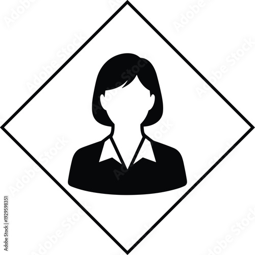 Stylized female profile icon with collared shirt inside diamond border, minimalistic black and white design for signage or interface graphics