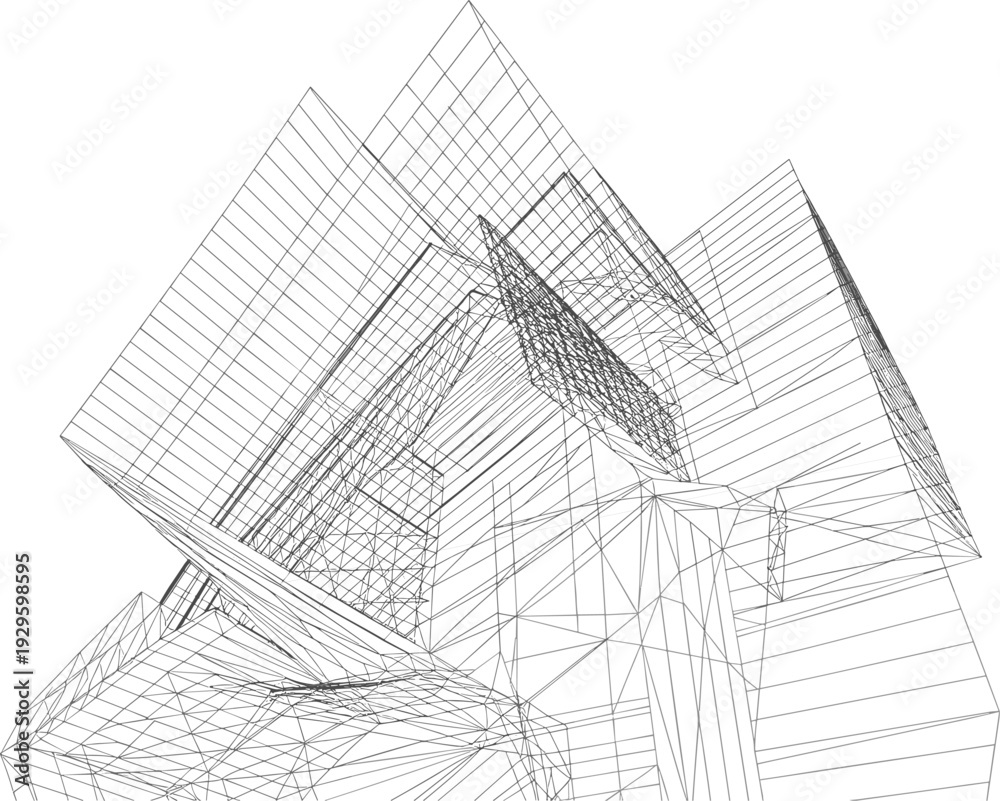 Fototapeta premium Architectural building wireframe line drawing featuring complex geometric multi story residential construction frame and structural design
