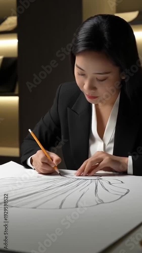 Smiling businesswoman in a professional suit sitting at an office desk and writing on a document while working on her laptop