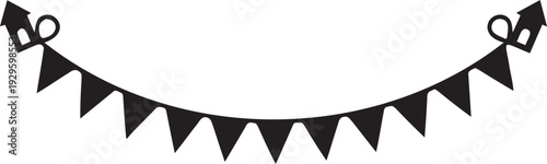 Festive bunting banner silhouette with triangular flags and small house shapes at ends hanging in curved line party decoration