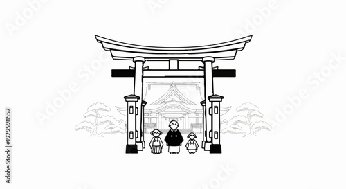 Stylized Japanese shrine entrance with stylized trees and three figures in traditional attire