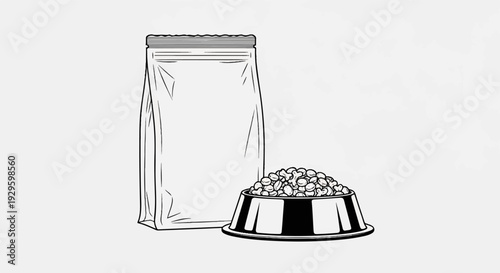 Sketch of a bag of kibble beside a full bowl of pet food