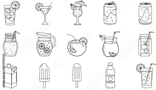 Various refreshing drinks including cocktails, juice boxes, cans, and popsicles