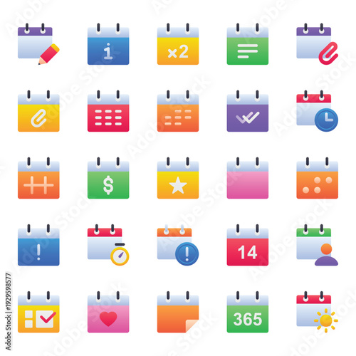 Gradient color icons set for Calendar, agenda, event