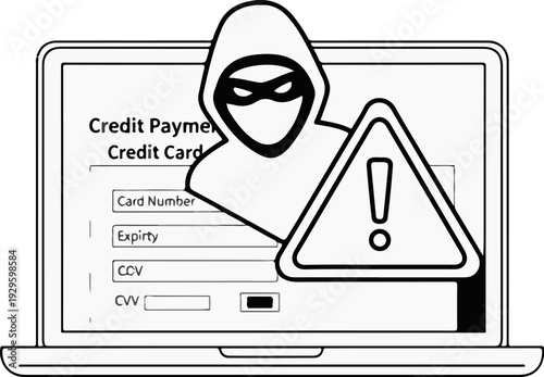 A hacker icon and alert symbol overlay a laptop displaying a credit card payment form