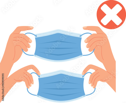 Educational health illustration showing incorrect way to handle blue surgical face masks by touching the front surface with hands isolated on white background