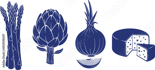 Blue illustration of food items on a white background