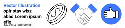 Collaboration, financial transactions, partnership, success, endorsement, teamwork. Features a coin, handshake and thumbs-up symbol. Collaboration and financial transactions concept