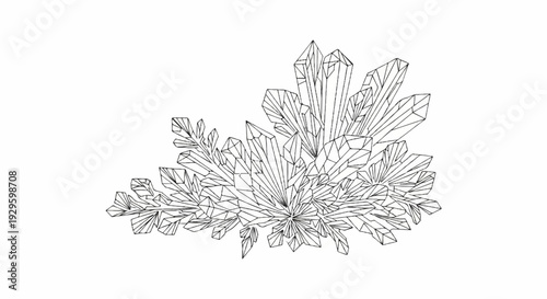 A detailed black and white sketch of a cluster of ice crystals