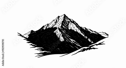 Stylized monochrome mountain peaks with sharp, contrasting light and shadow