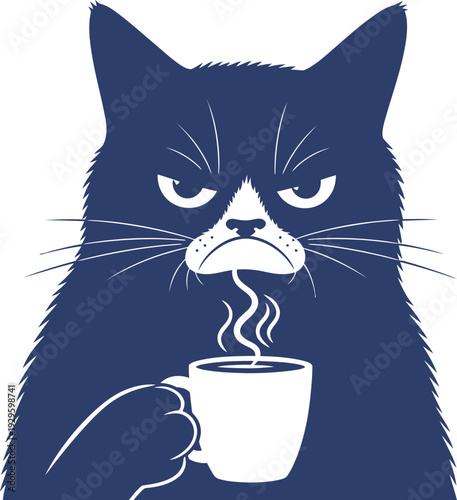 Grumpy cat enjoying a cup of coffee