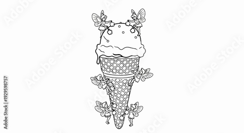 A whimsical ice cream cone with tiny fairies clinging to its waffle cone