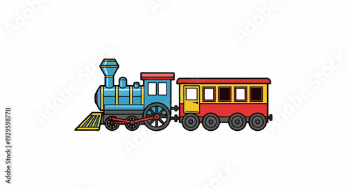 A cartoon steam train with a blue engine and a red passenger car