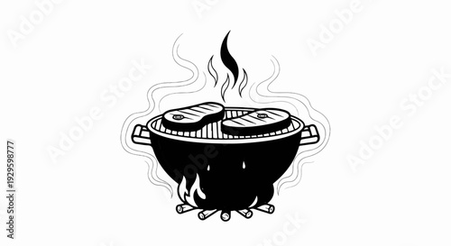 Black and white illustration of steaks grilling over an open fire on a barbecue