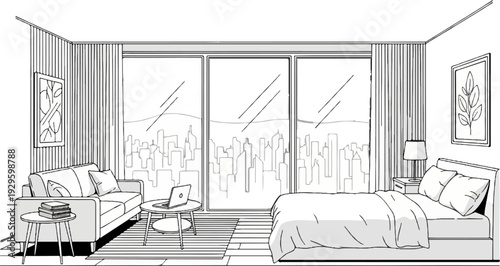 A bright, minimalist bedroom with a city view features a sofa, coffee table, and a large bed