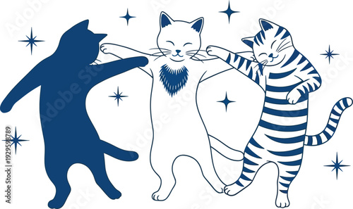 Three cats playing together in a whimsical scene