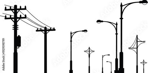 Silhouettes of utility poles and streetlights, urban infrastructure illustration, electrical distribution and public lighting design elements for architecture, engineering, and cityscape concepts