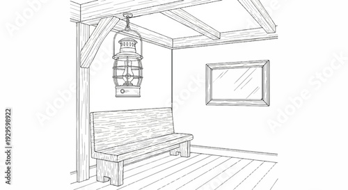 Rustic porch with hanging lantern, wooden bench, and framed window